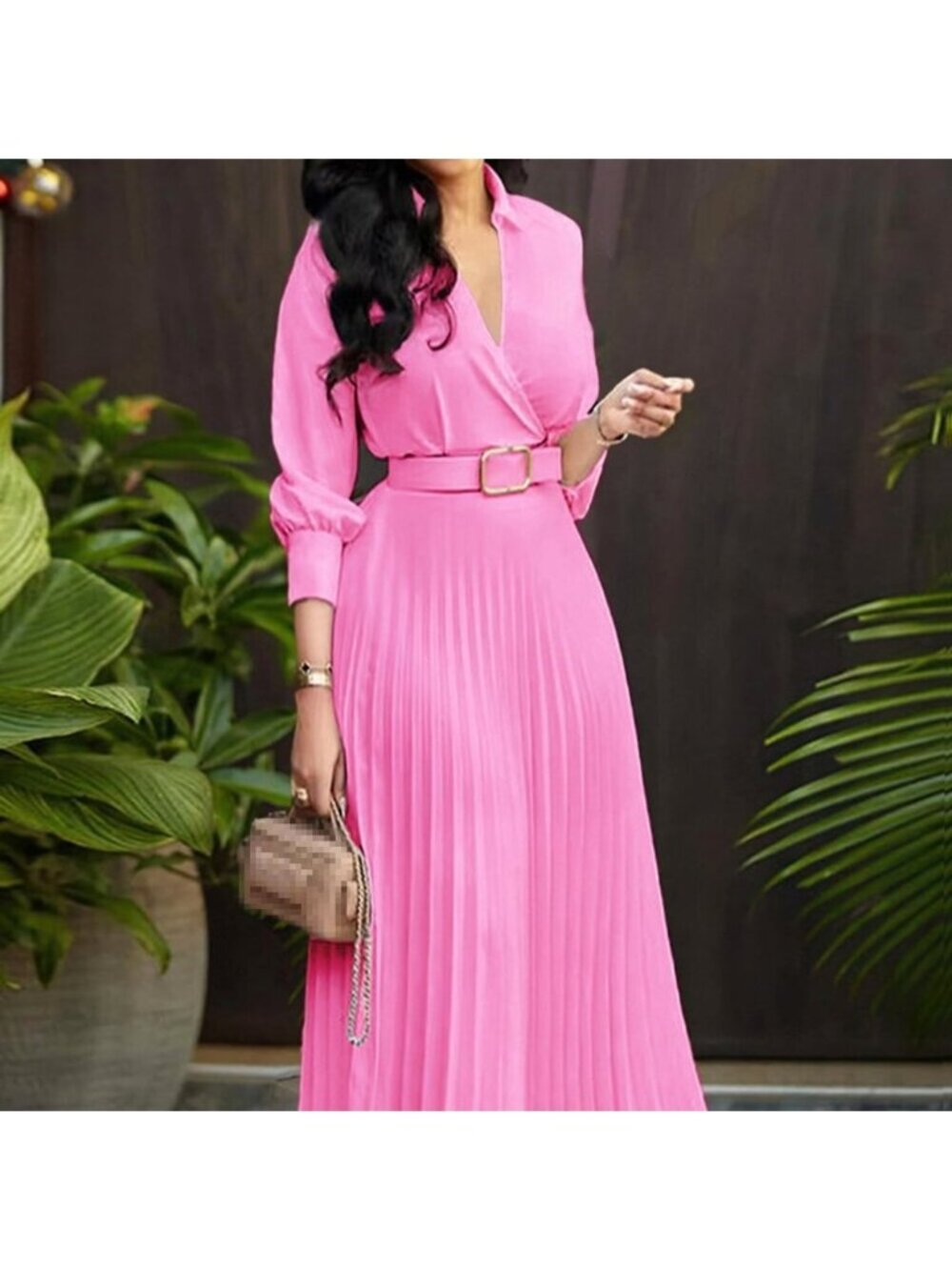 Pink Elegant Women's Waist-Cinched Lightweight Pleated Skirt with Belt